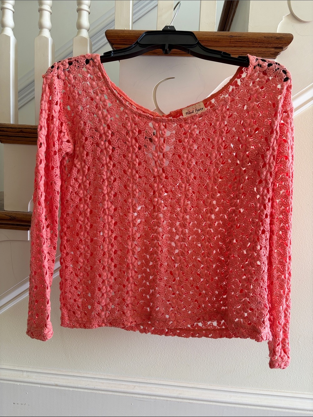 Black Poppy Coral Crochet Scoop Neck Sweater
